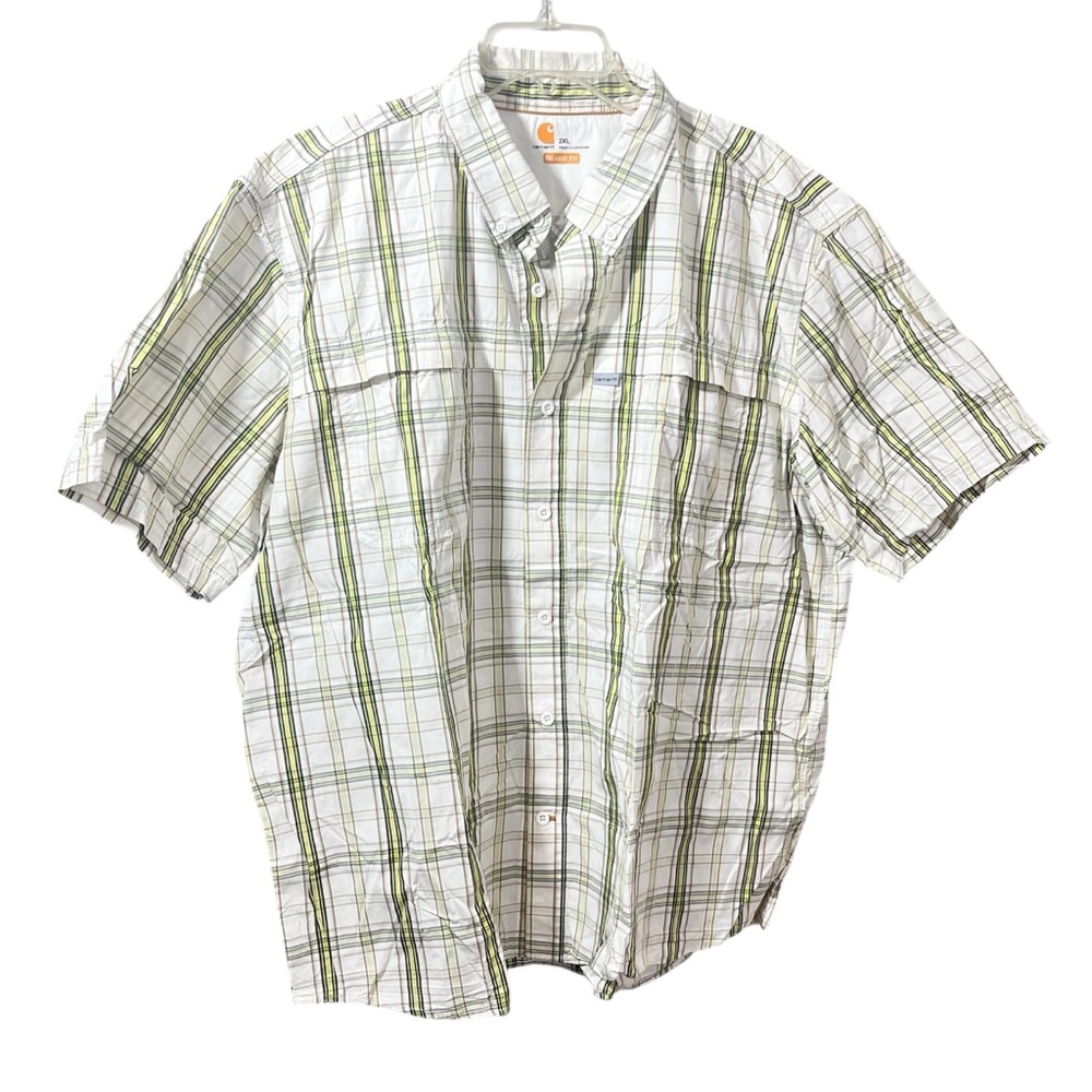 Carhartt Men’s 2XL Plaid Button Down Shirt Green Yellow Short Sleeve Relaxed Fit